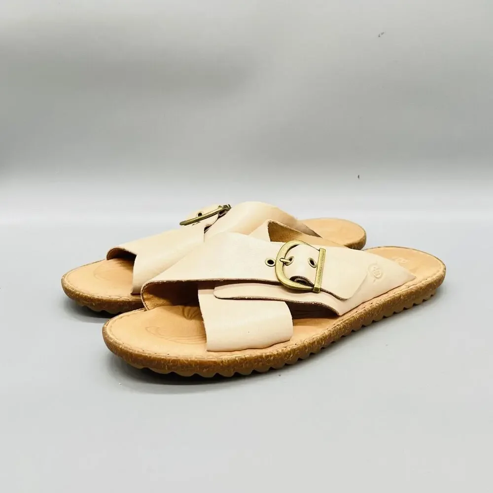 Born Sandals Womens 9 Beige Leather Crisscross Strap Slide Buckle Comfort Shoes